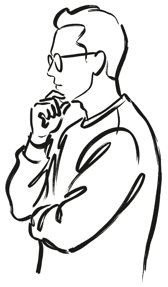 Line drawing of Isaac, chin in hand, thinking